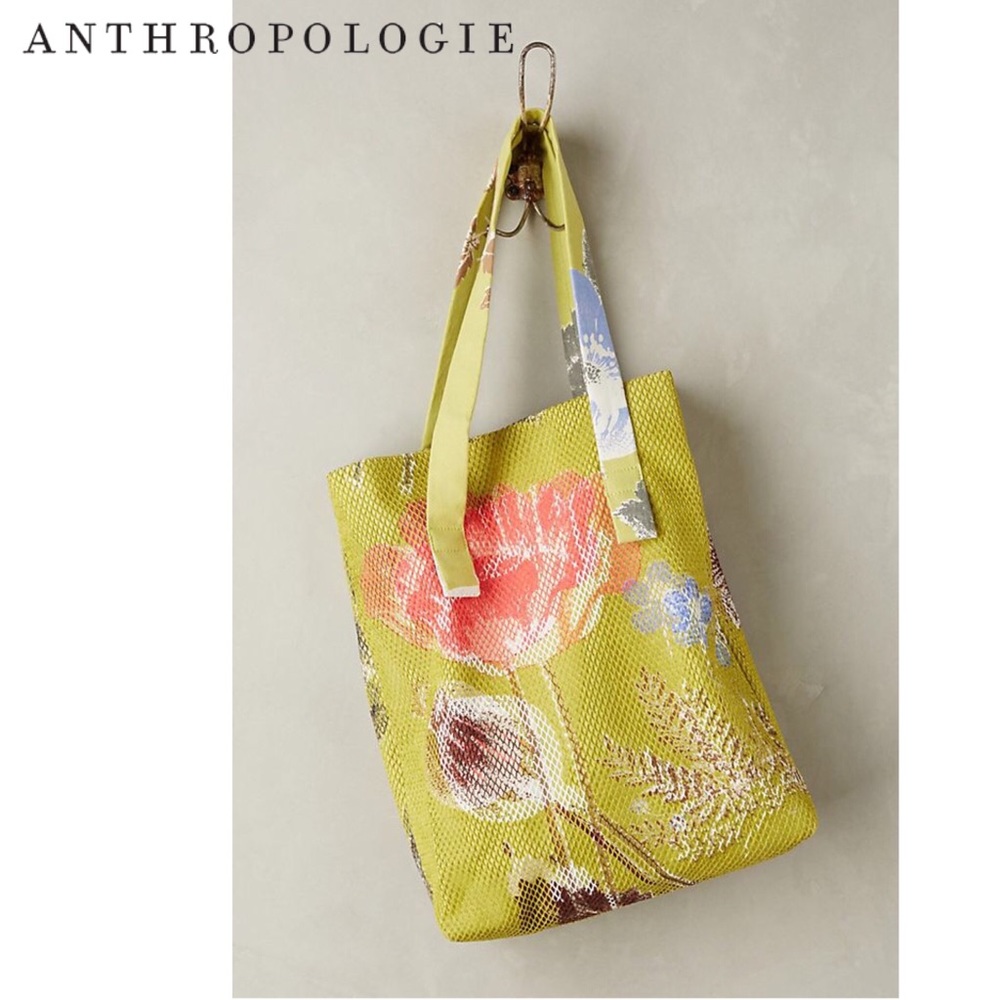 Anthropologie Green Floral Tote Bag